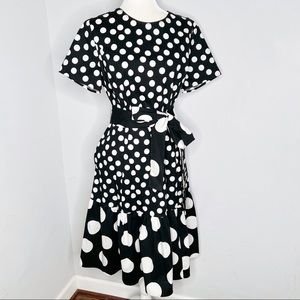 Carolina Herrera Polka Dot Black Midi Ruffle Belted Dress
